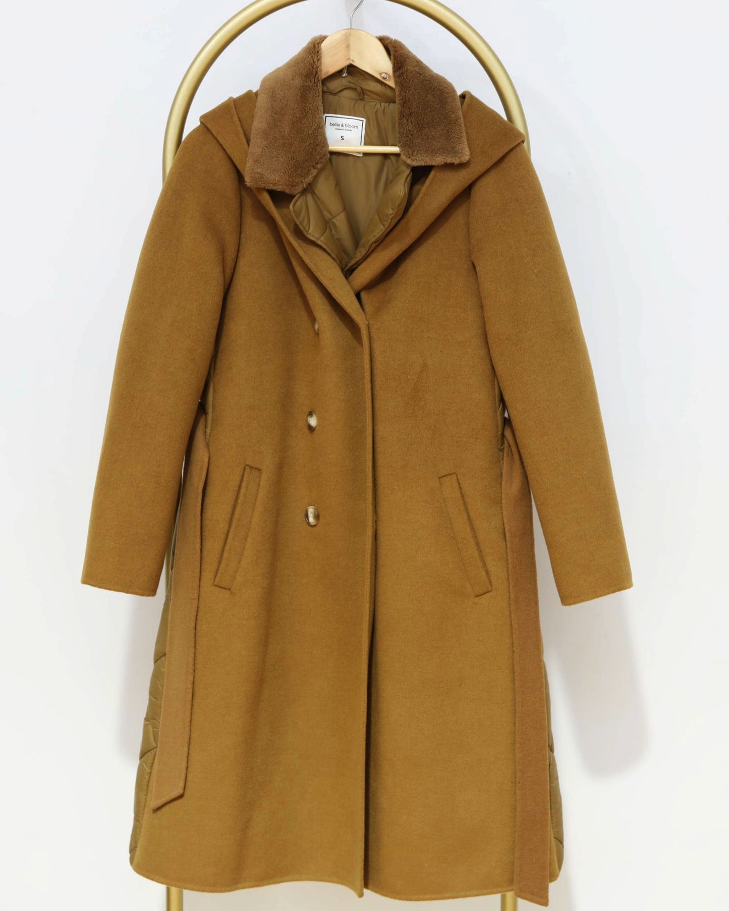 Quilted Panel Hooded Coat – Camel