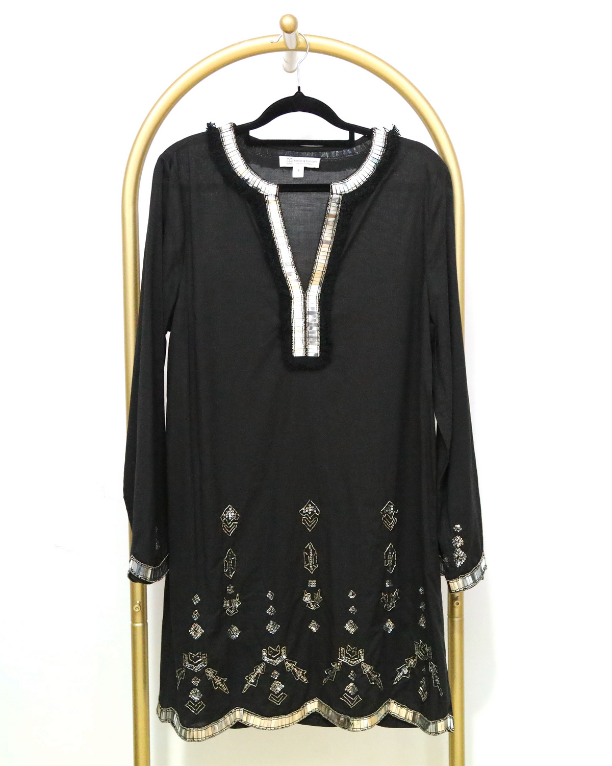 Embellished Long Sleeve Mini Dress - Black