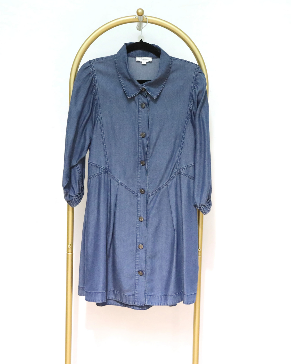 Puff Sleeve Button Front Denim Mini Dress - Blue