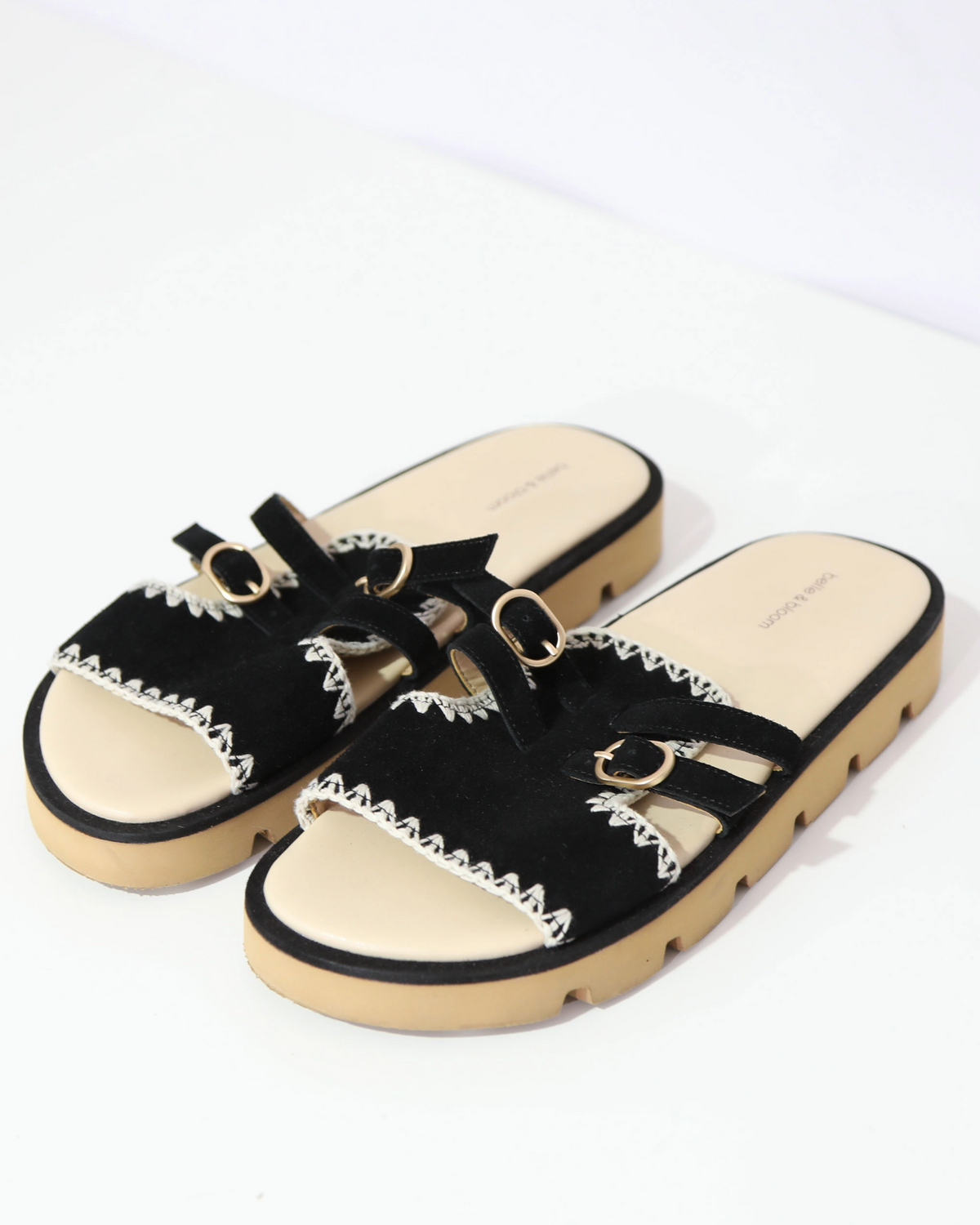 Contrast Stitch Buckle Slides - Black