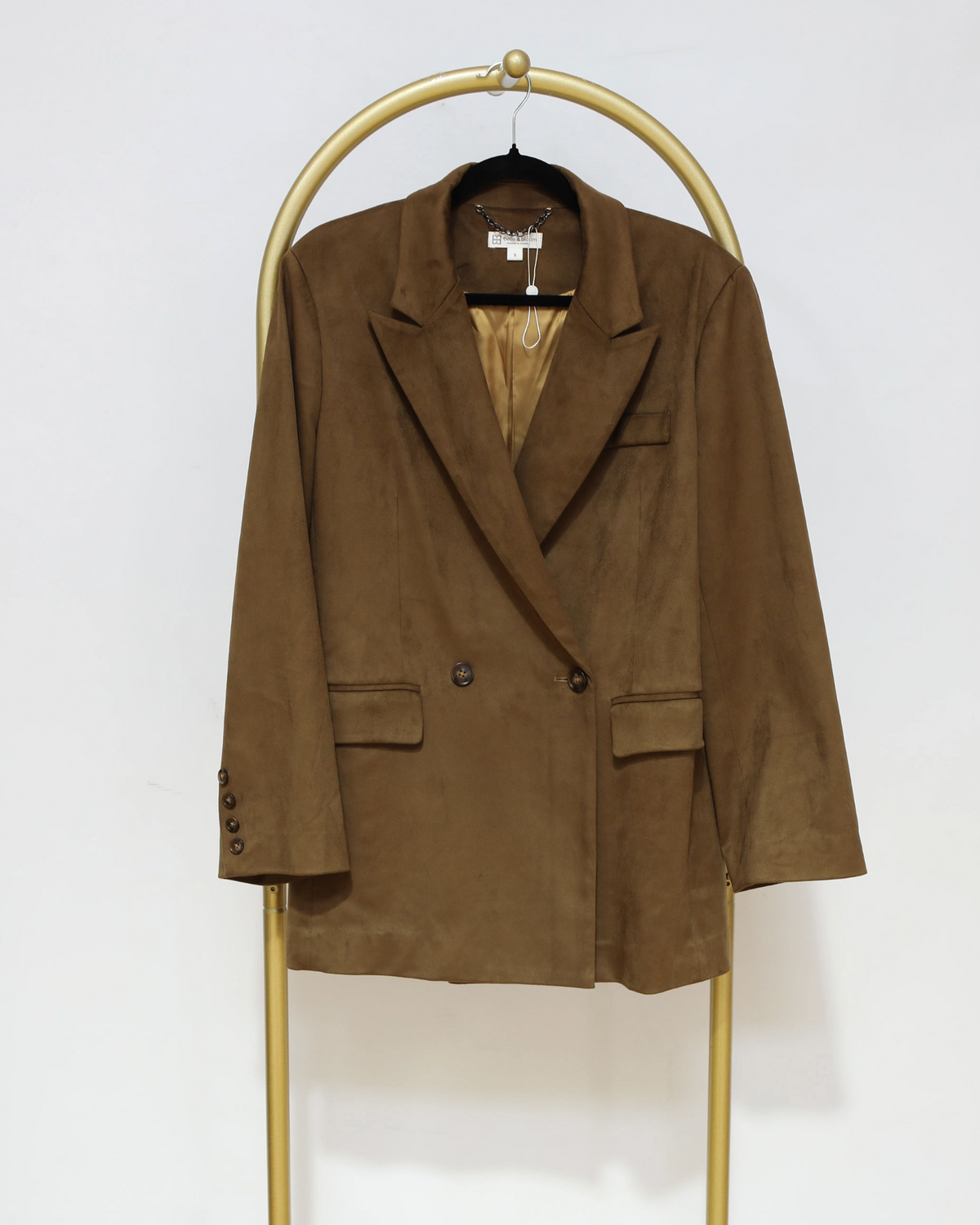 Faux Suede Double Breasted Blazer - Brown