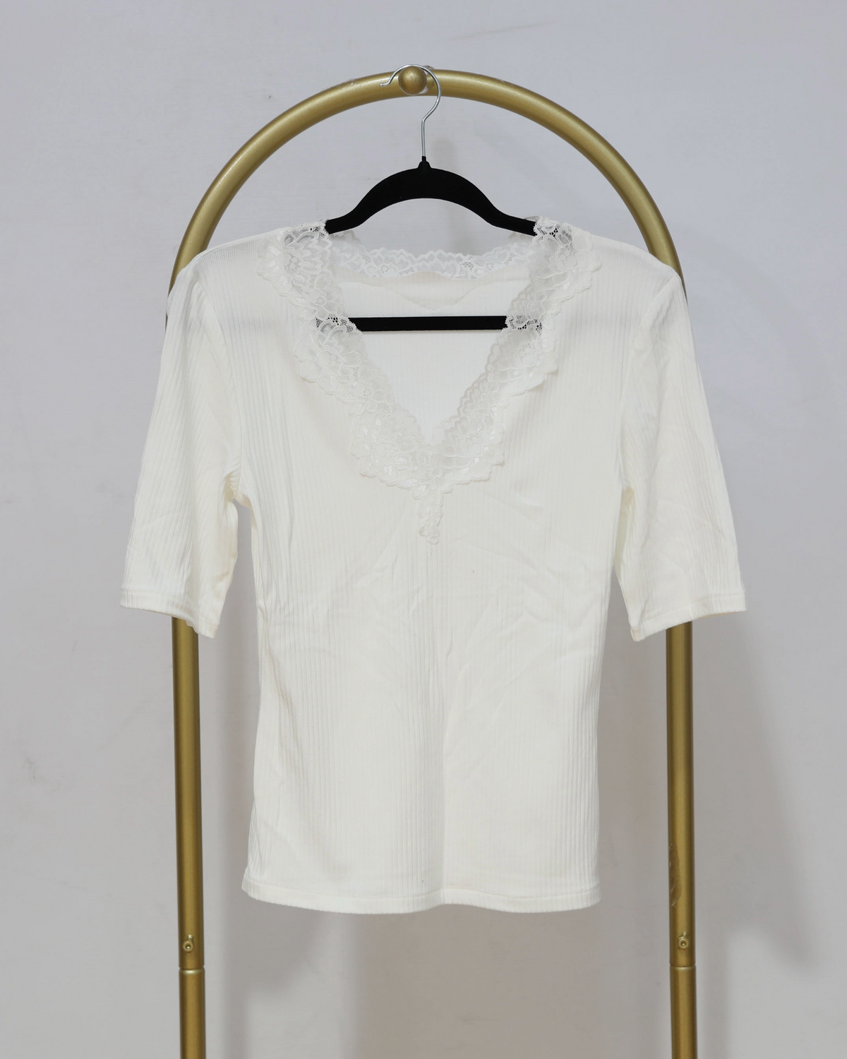 Lace-Trim Ribbed Top - Cream