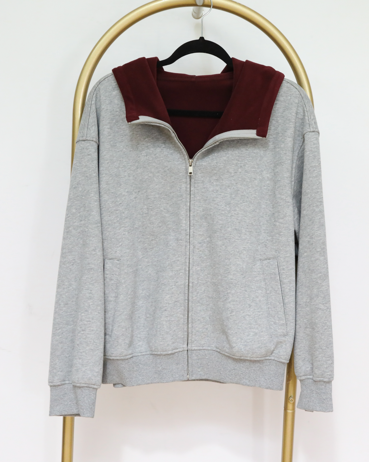 Contrast Hood Zip-Up Hoodie - Grey Marle/Burgundy