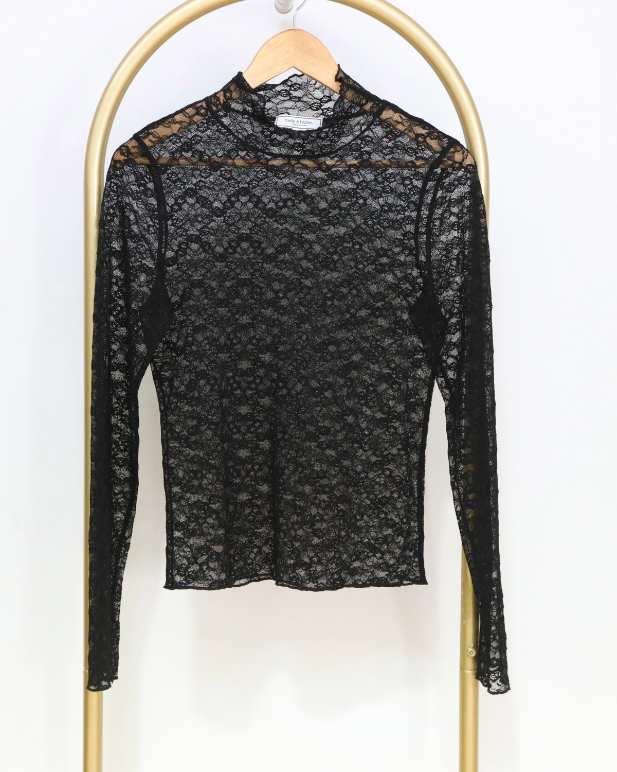 Sheer Lace High Neck Top - Black