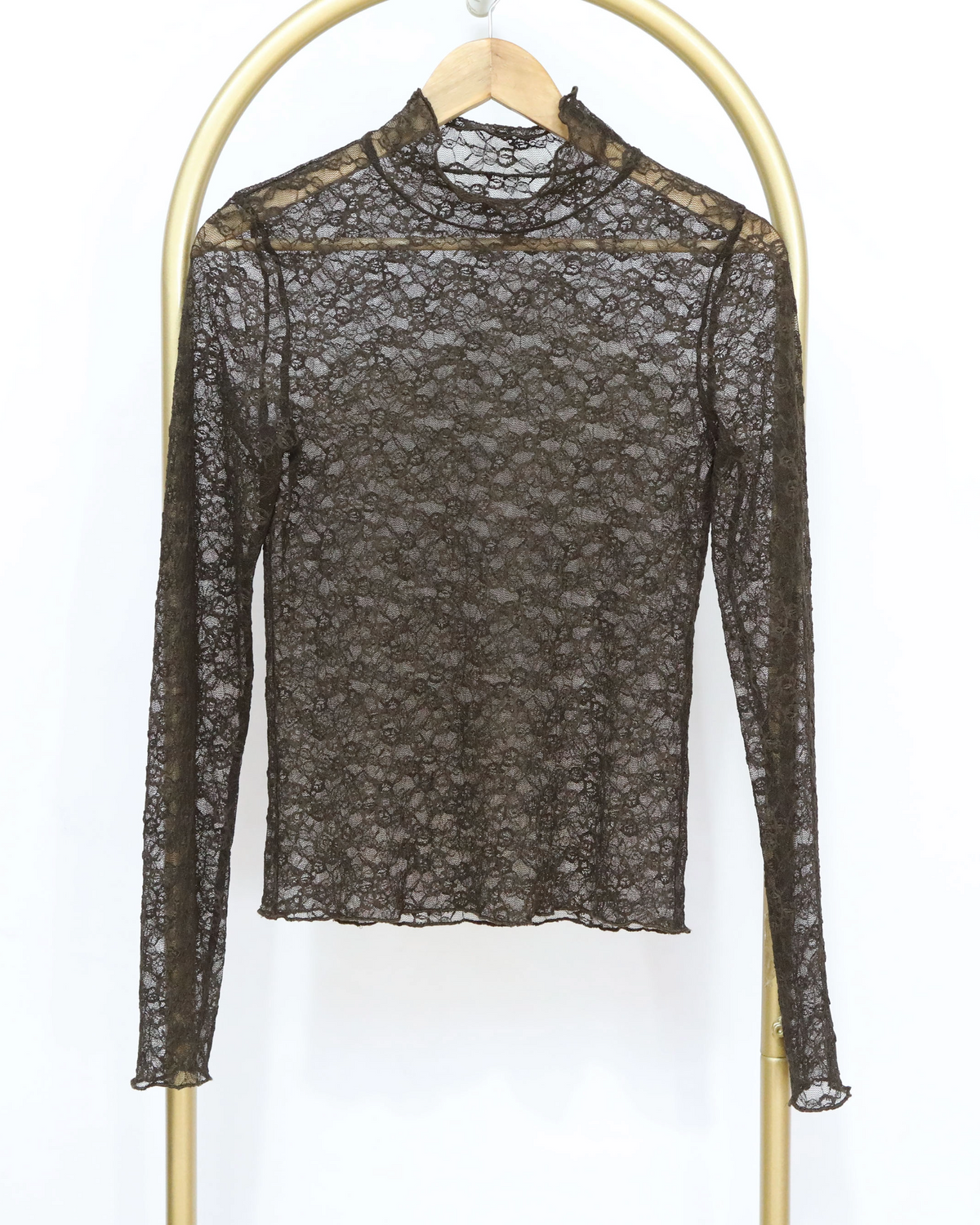Sheer Floral Lace High Neck Top - Chocolate