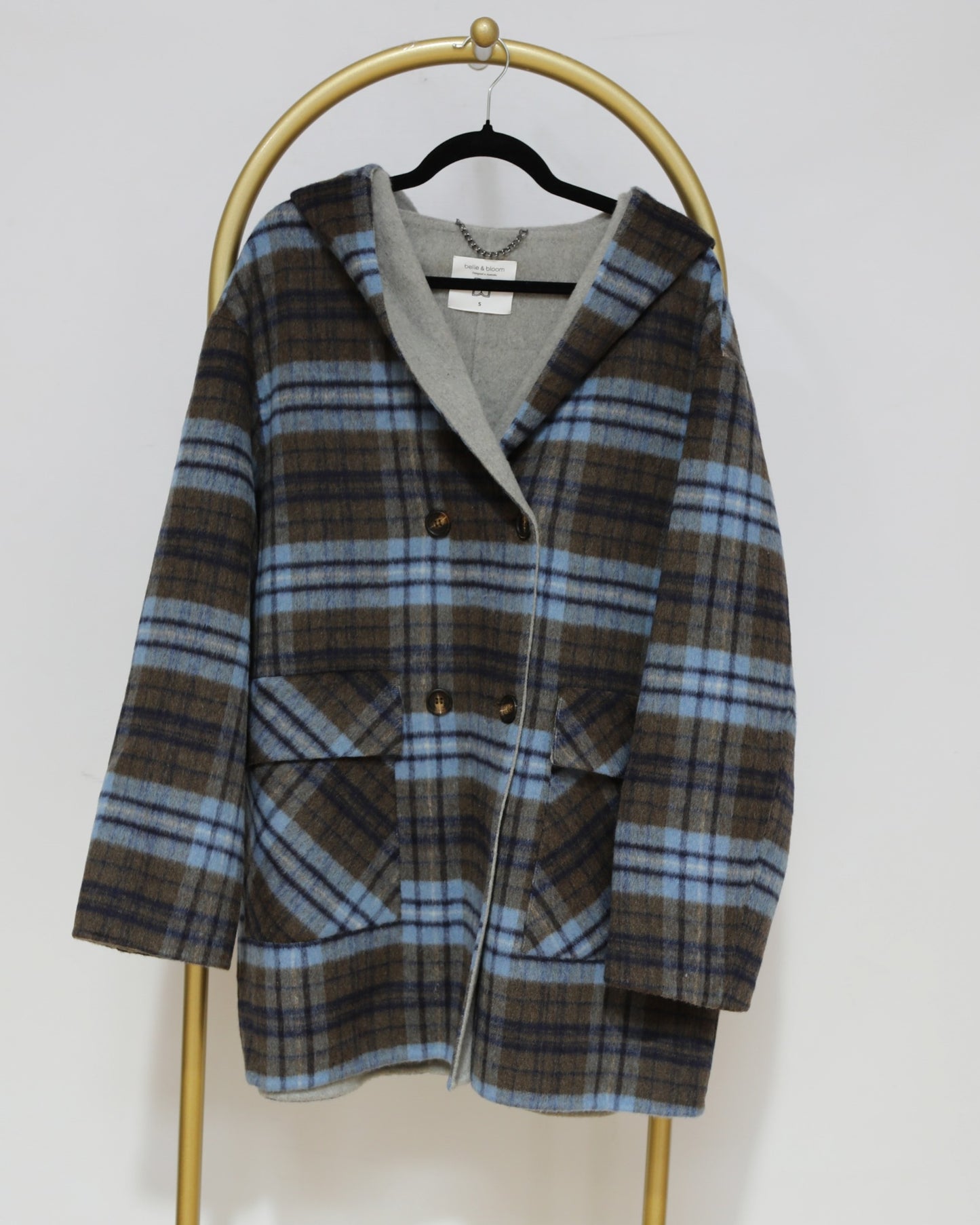 Hooded Plaid Coat - Blue/Brown