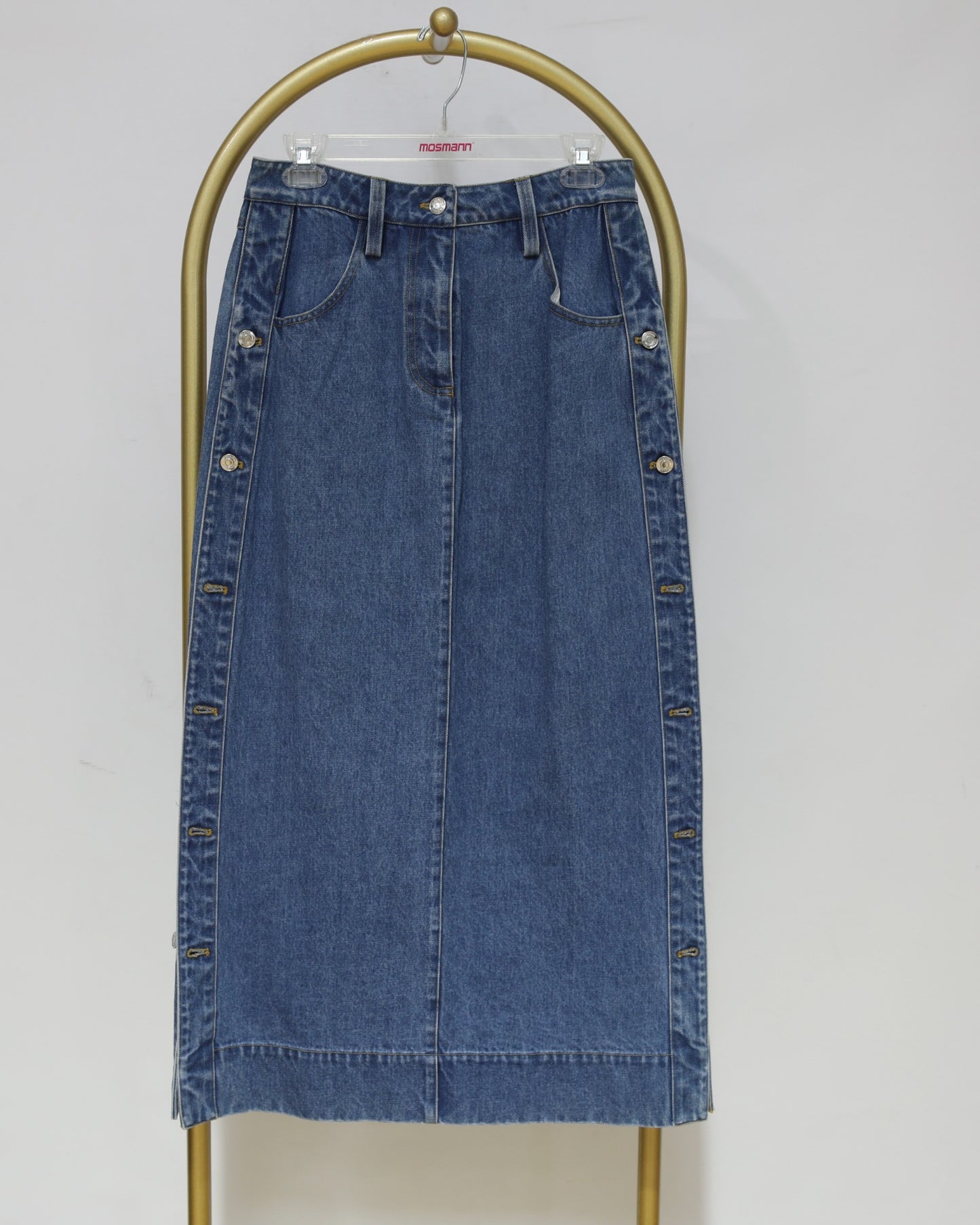 Button-Side Denim Midi Skirt - Blue
