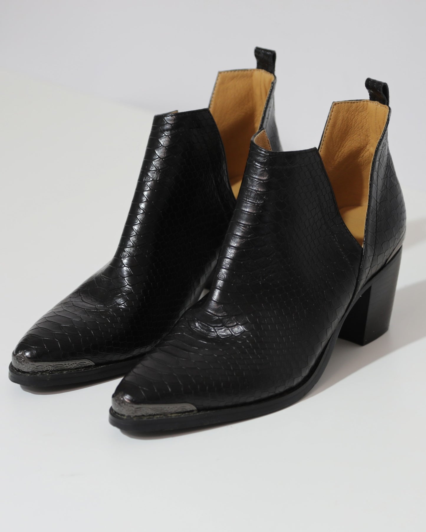 Croc-Embossed Western Ankle Boots - Black