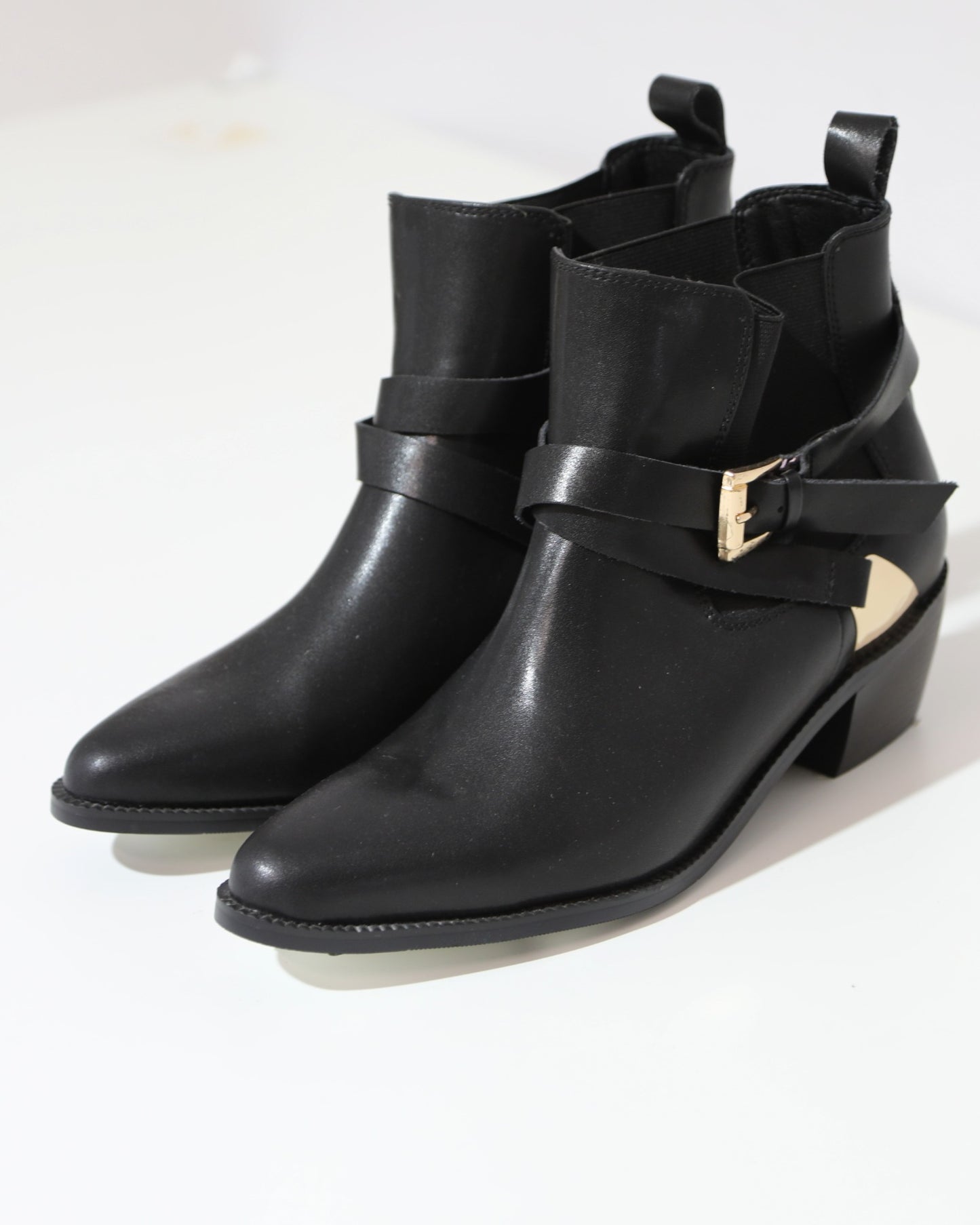 Buckle Strap Ankle Boots - Black