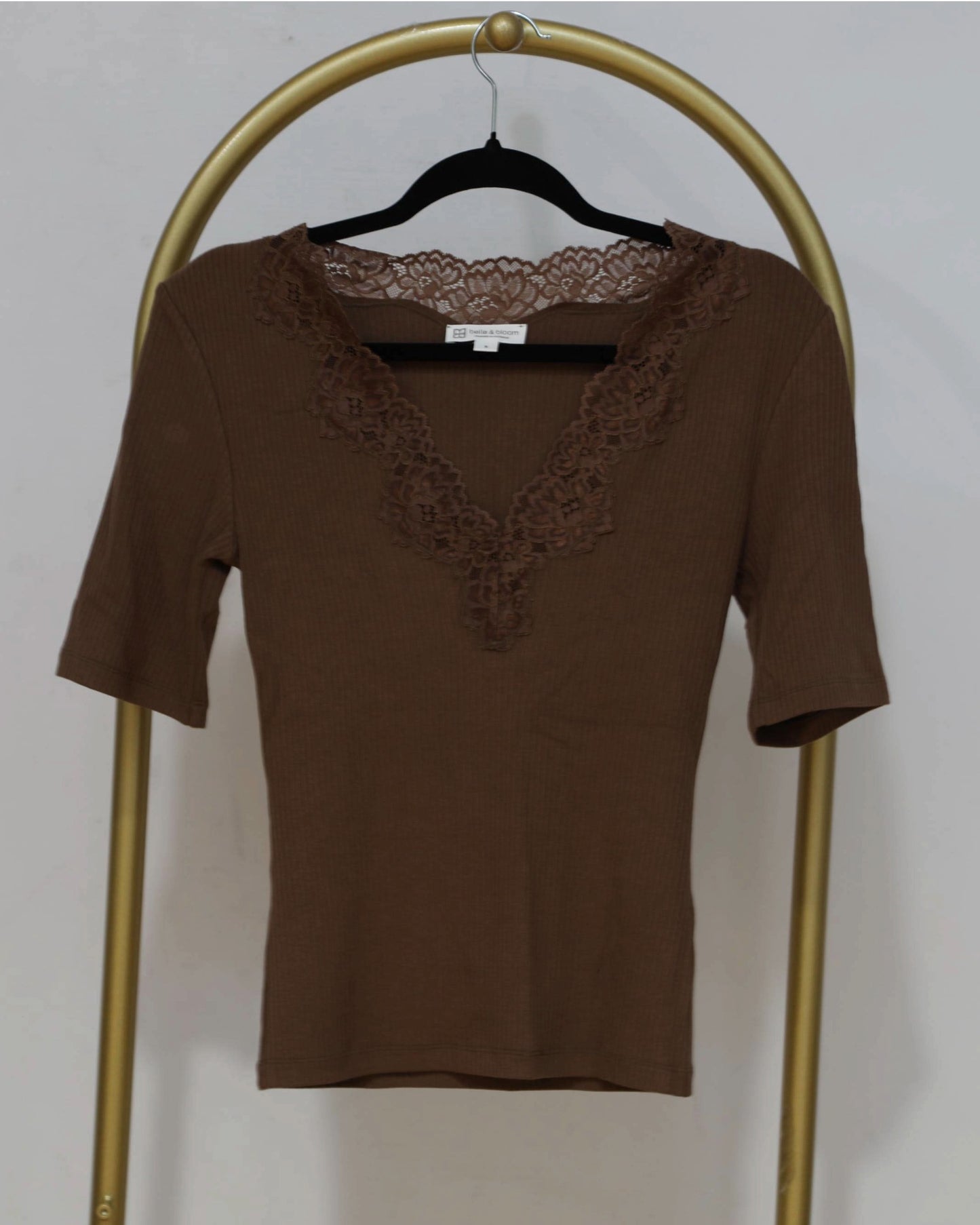 Lace-Trim Ribbed Top - Chocolate