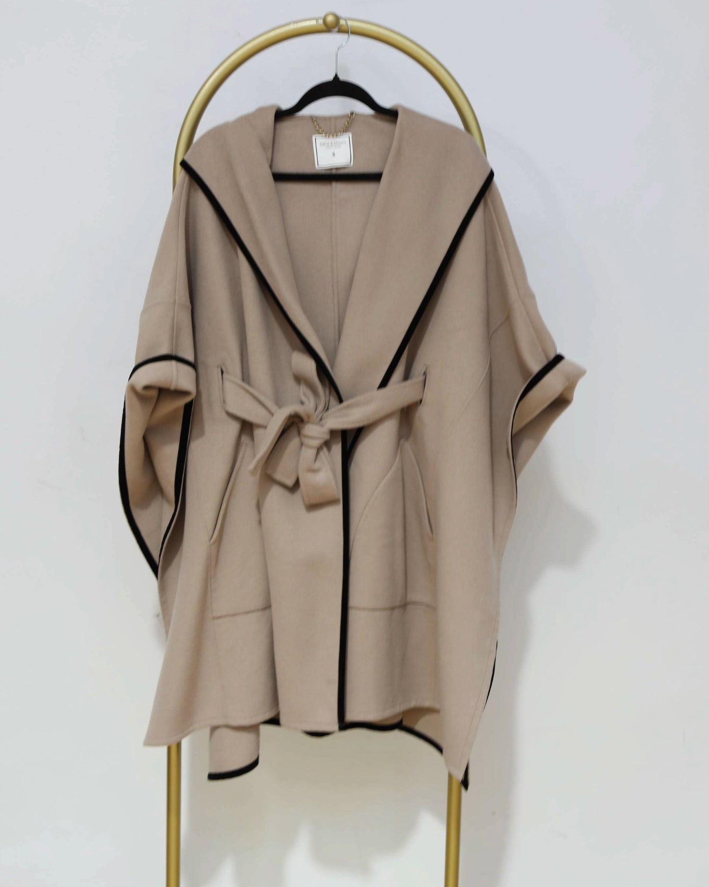 Hooded Belted Cape - Beige/Black