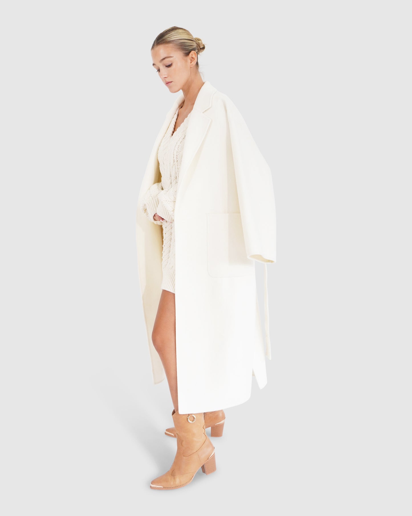 Wide Awake Wool Blend Split Hem Overcoat - Cream