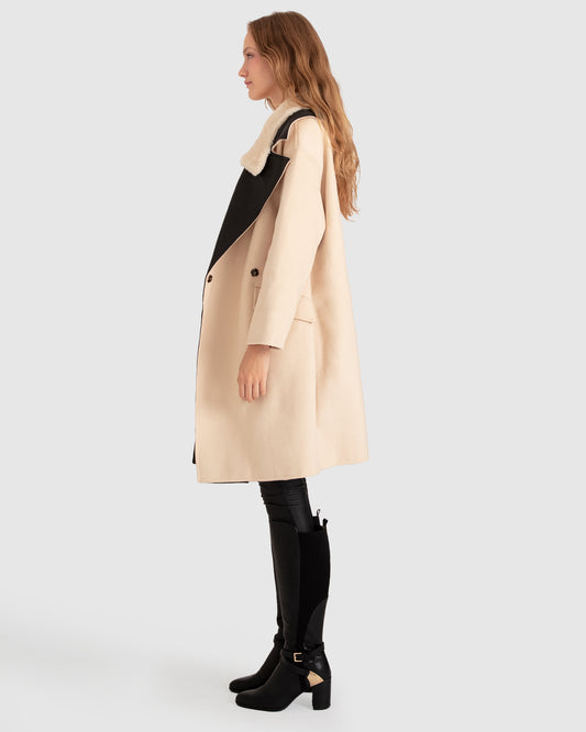 Watch Me Go Oversized Leather Trimmed Coat - Pale Oat