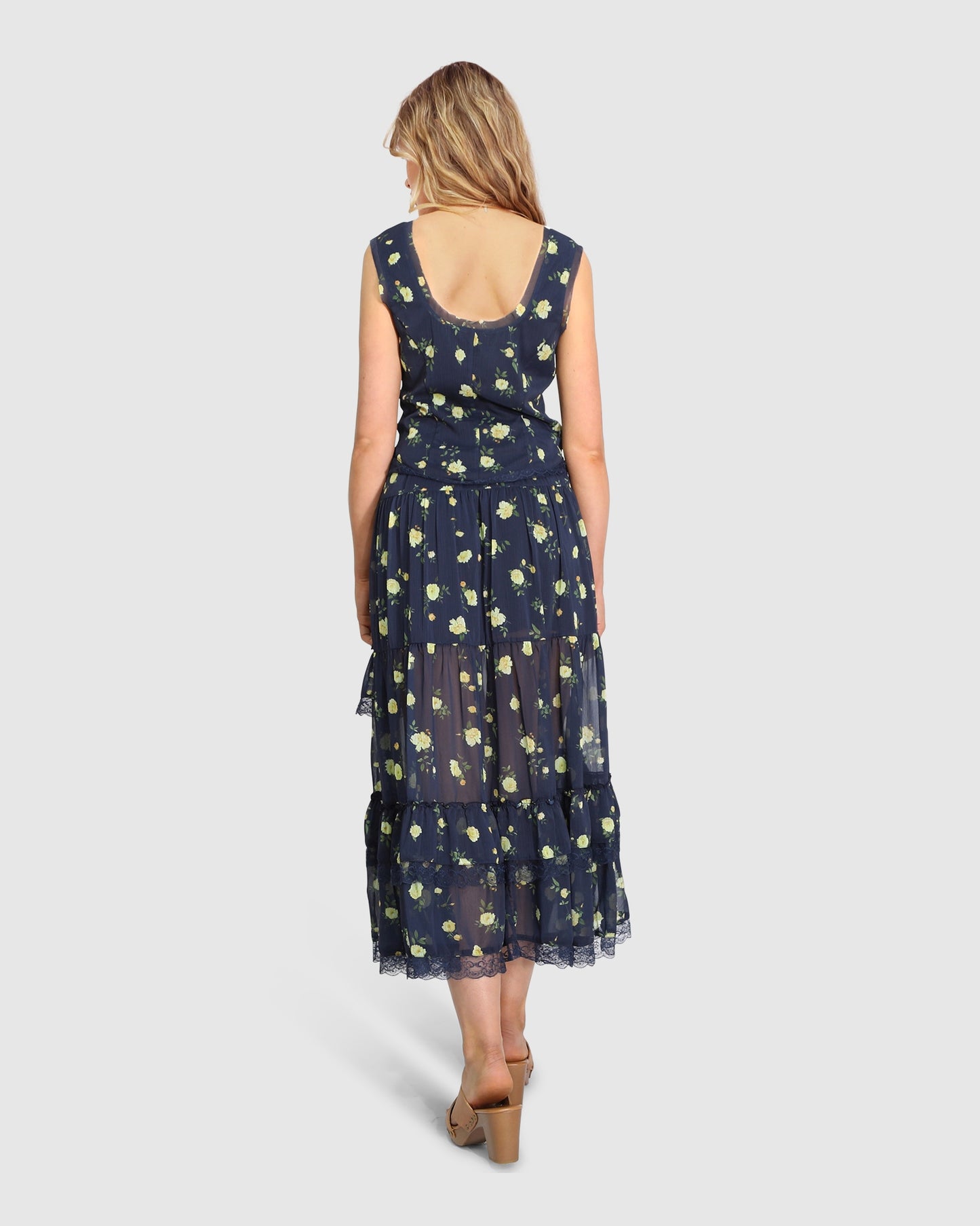 Wanderlace Ruffle Maxi Skirt - Navy Print