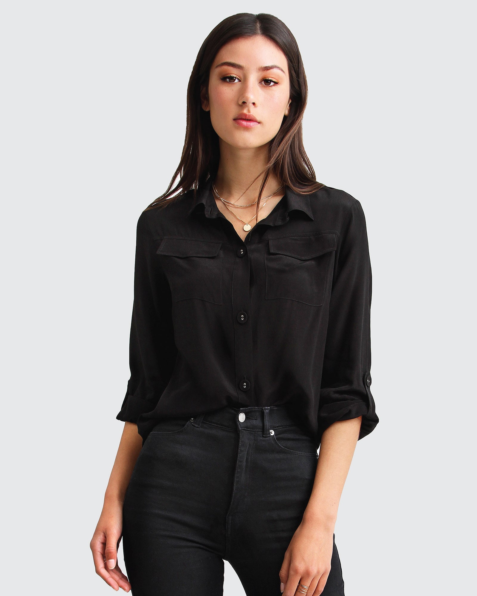 black dress blouse Eclipse Rolled Sleeve flowy_styles graduation Color:Natural stripe the Honey is a Lady Black Tie -