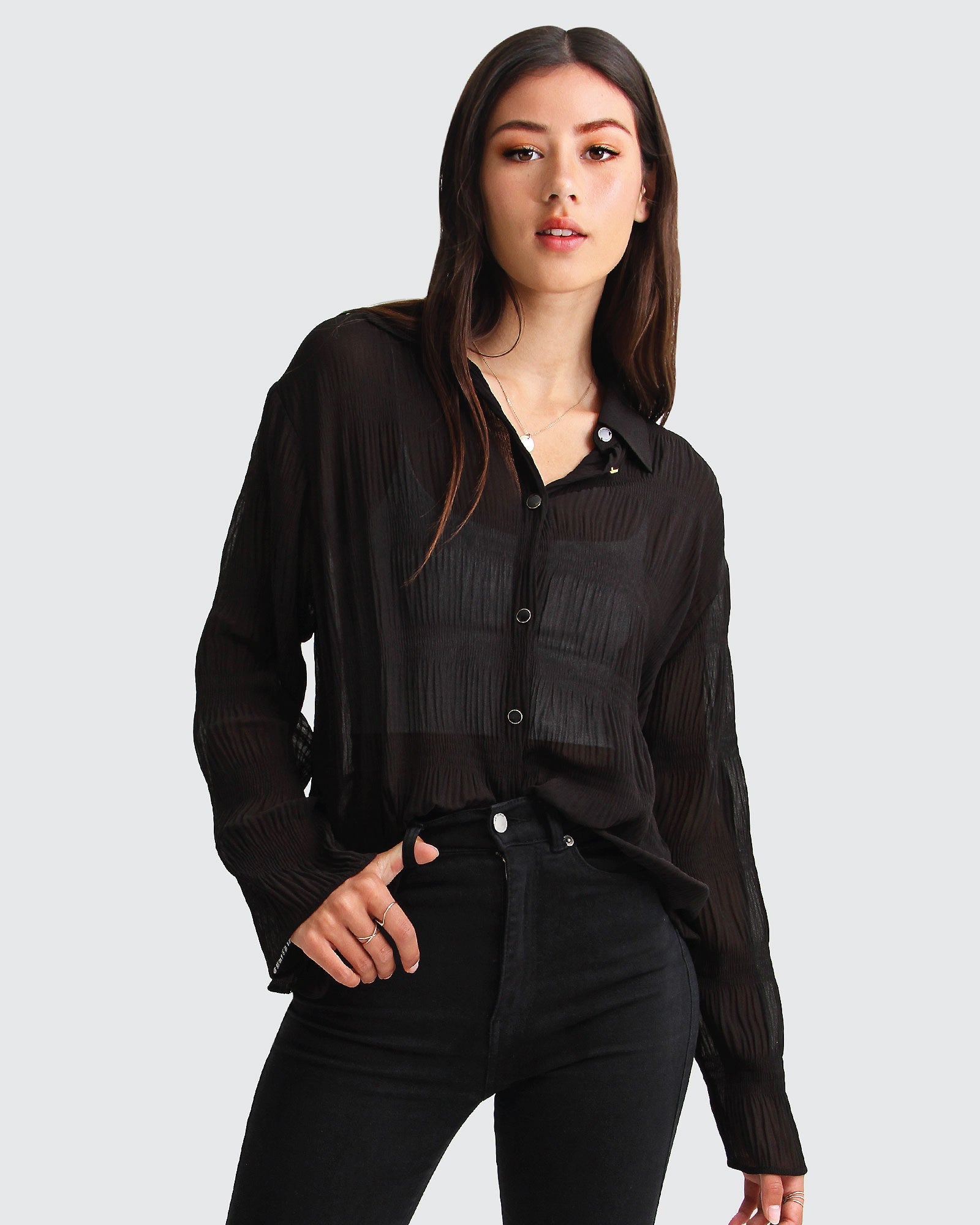 Yoko Shirred Chiffon Blouse Black – Belle Bloom