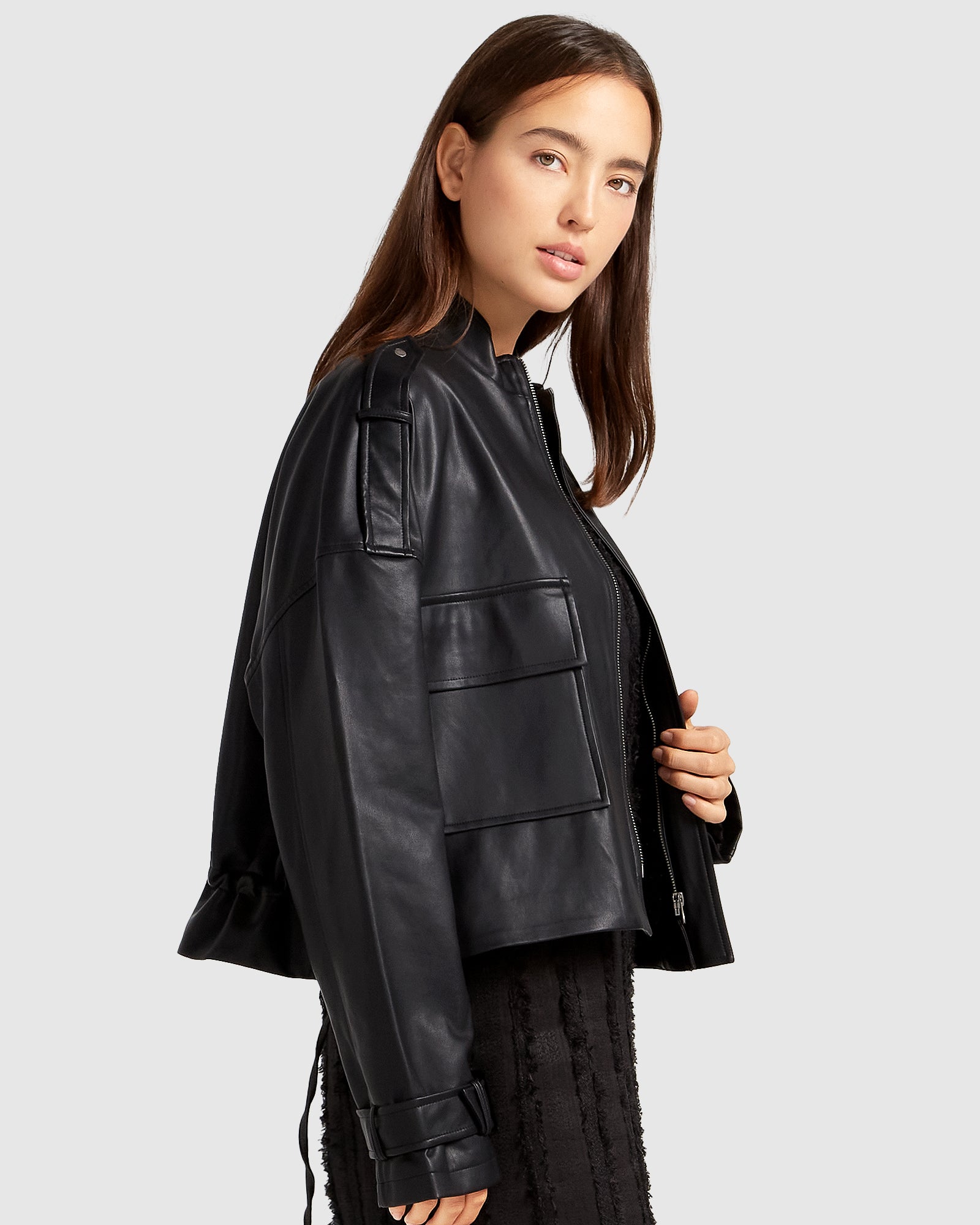 Draped leather jacket outlet