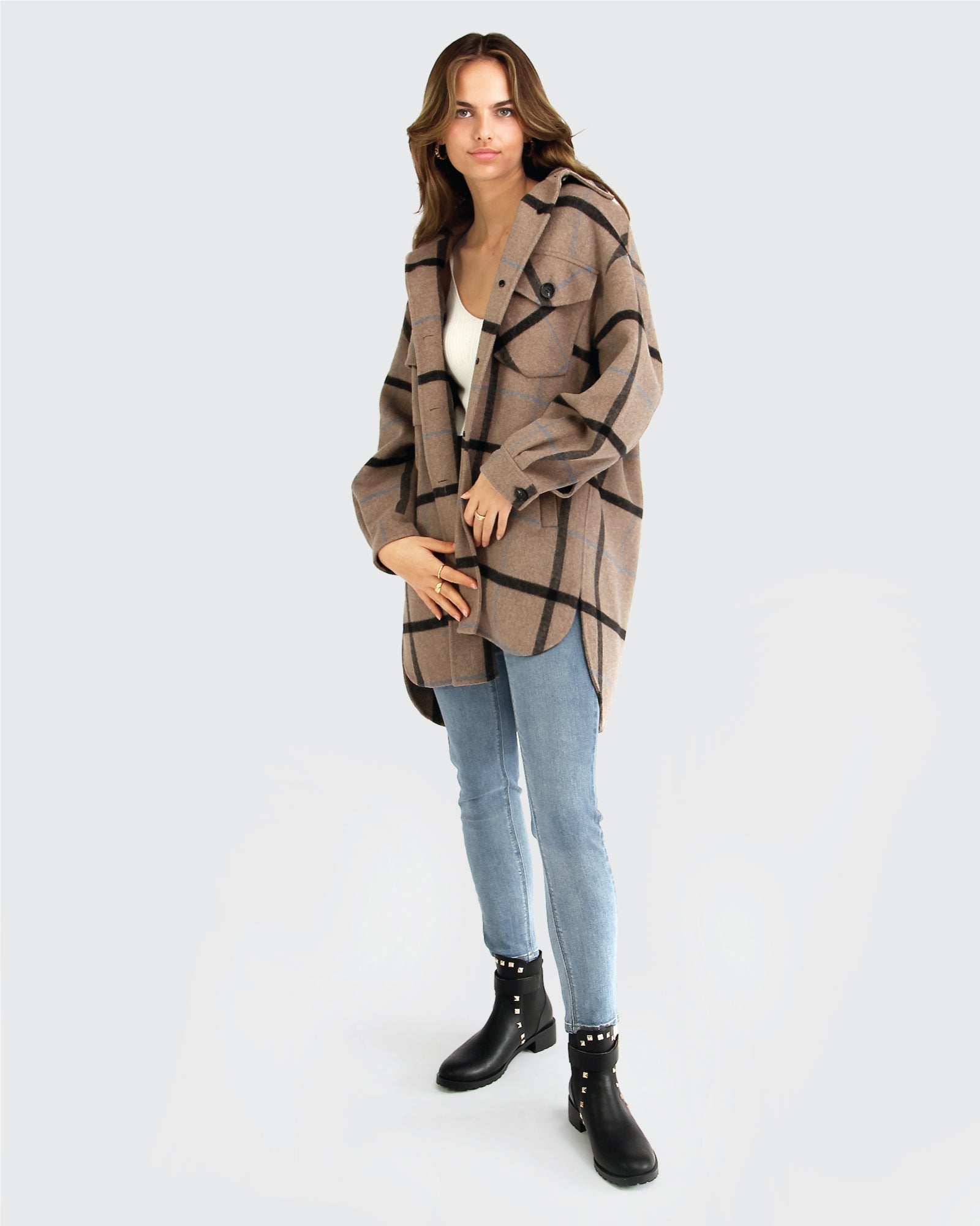 Wool Coat Boohoo Check Jacket Wool Check Belted Shacket Boohoo