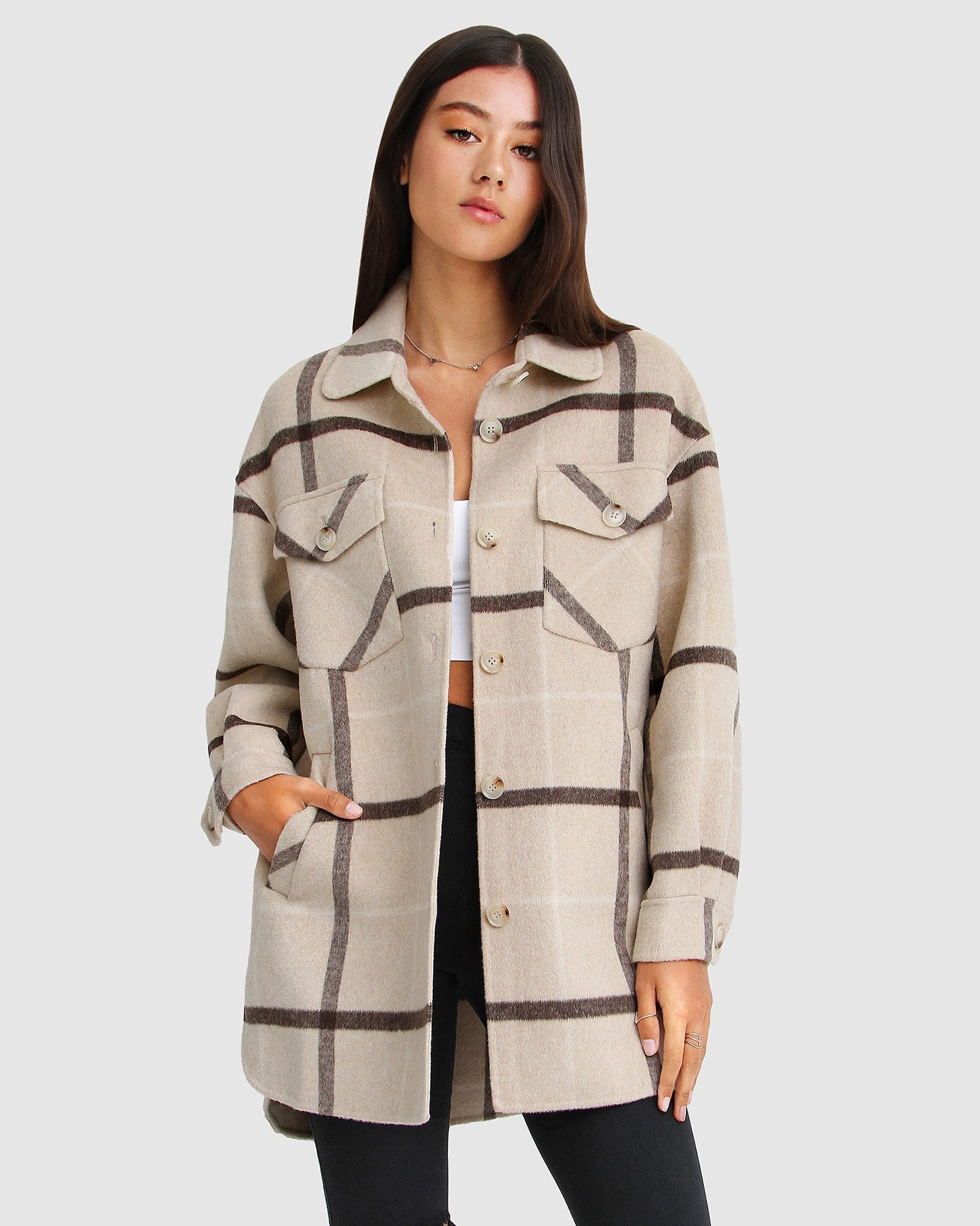 Oversized Beige Plaid Coat Oversized Shacket Dark Beige/plaid