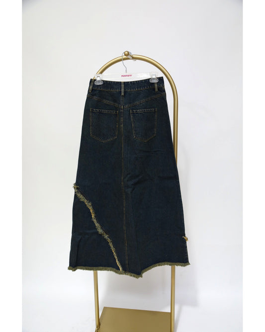 Frayed Panel Denim Skirt - Dark Indigo