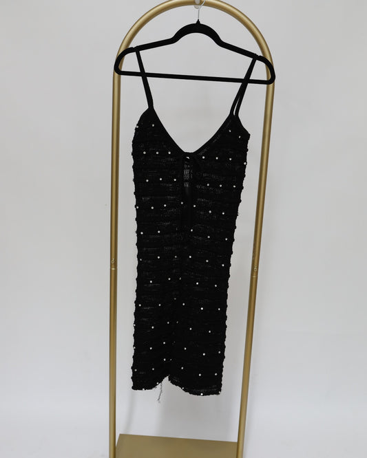 Embellished Knit Mini Dress - Black