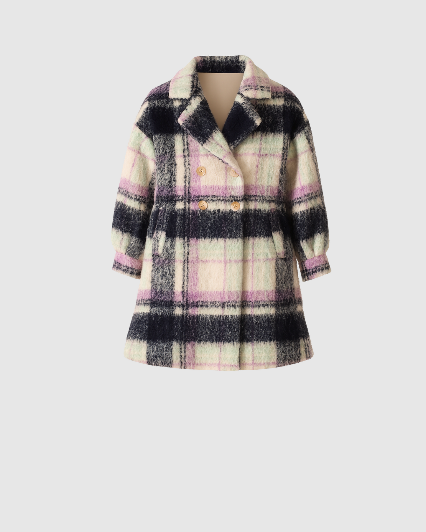 Girls Plaid Longline Coat - Purple