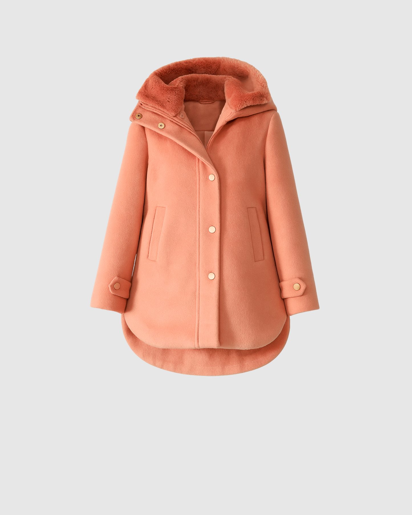 Girls Hooded Button-Up Coat with Detachable Fur - Pink