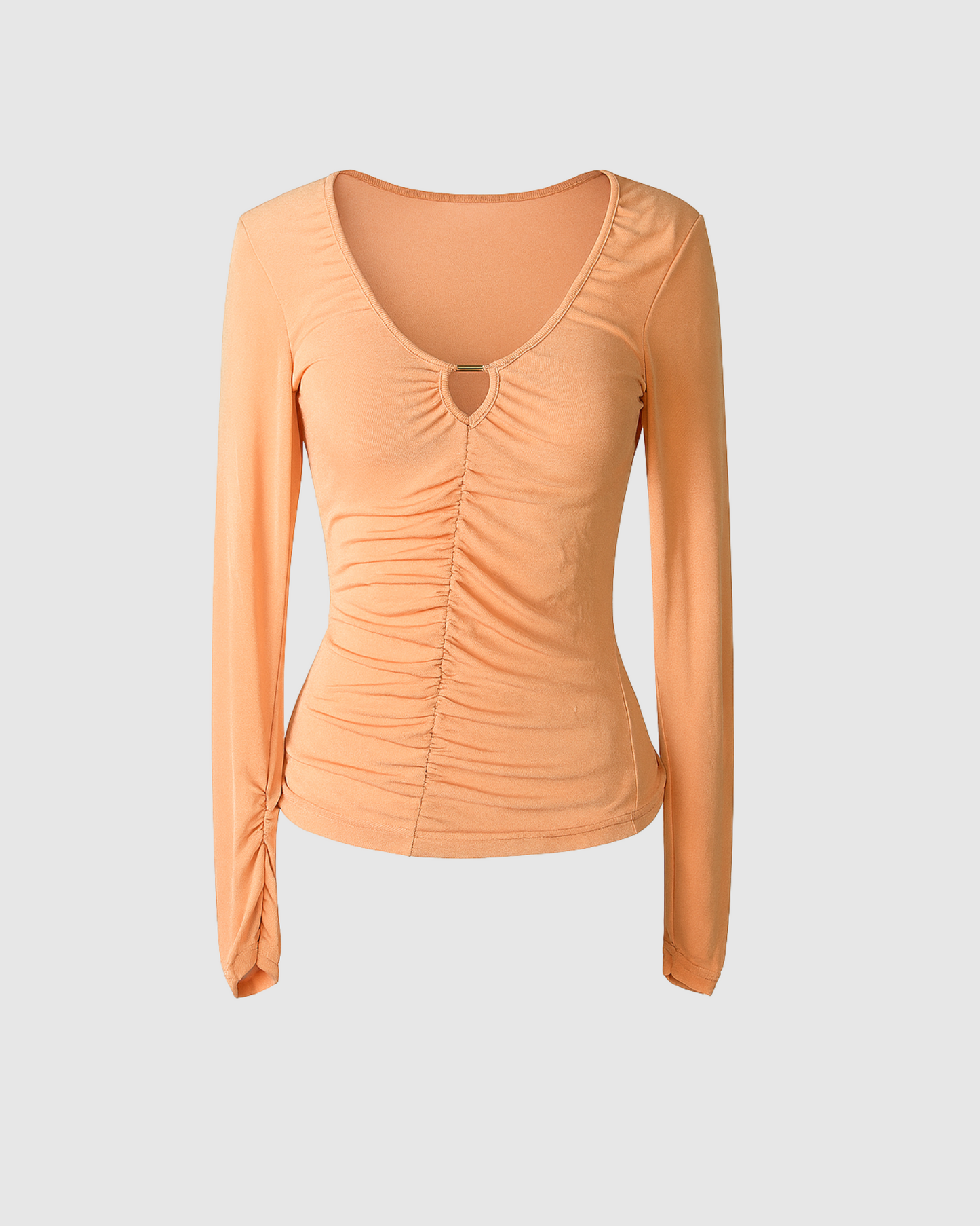 Long Sleeve Ruched Front Top with Cut-Out Detailing - Peach