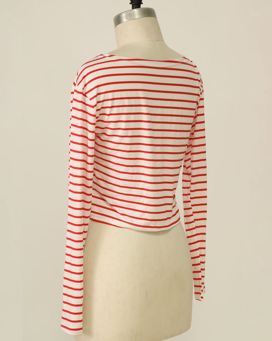 Long Sleeve Striped Top - White and Red