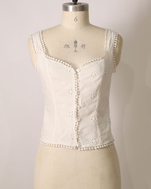 Button Down Lace Trim Top - White