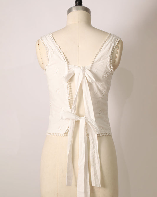 Button Down Lace Trim Top - White