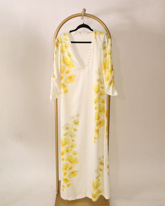 Long Sleeve Printed Maxi Dress - Yellow Floral