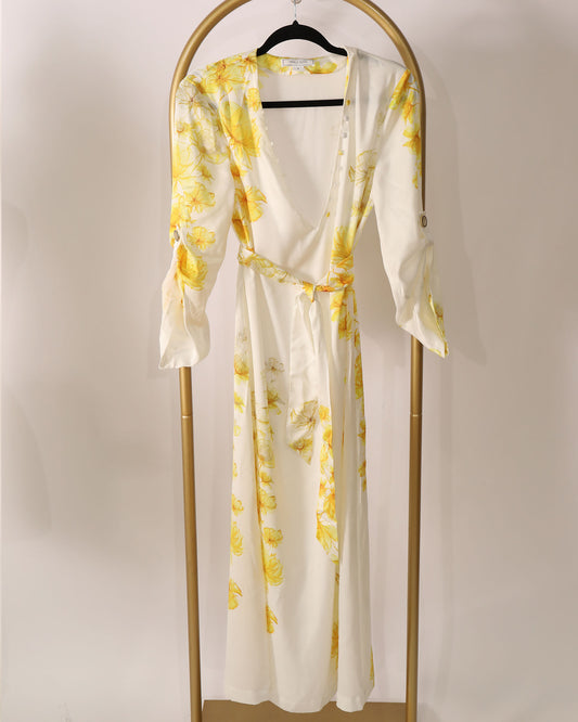 Long Sleeve Printed Maxi Dress - Yellow Floral