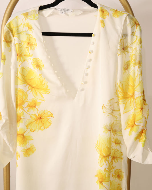Long Sleeve Printed Maxi Dress - Yellow Floral