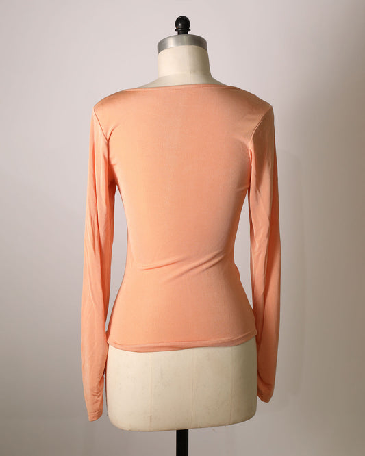 Long Sleeve Ruched Front Top with Cut-Out Detailing - Peach