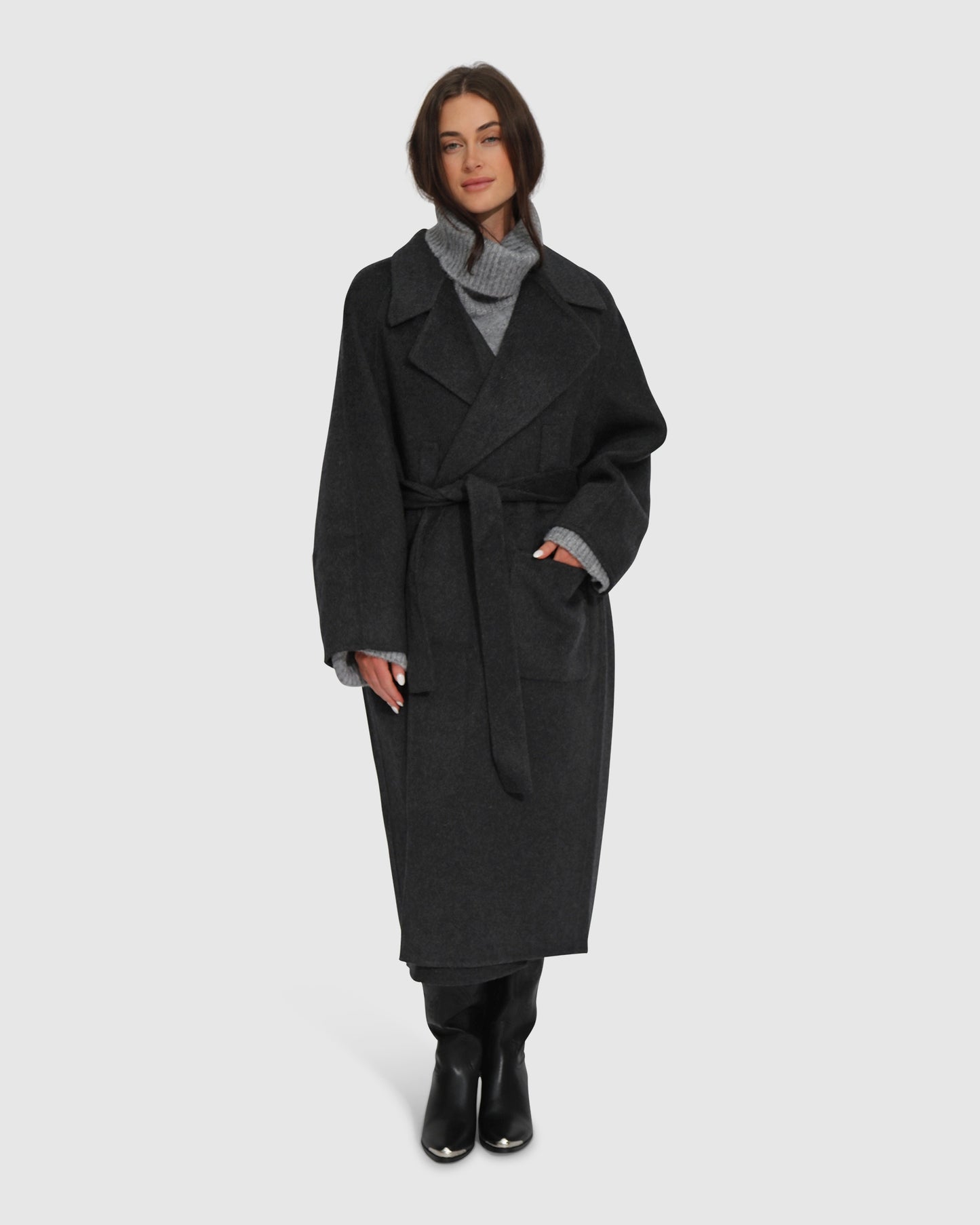 Big Girl Belted Wool Blend Coat - Charcoal