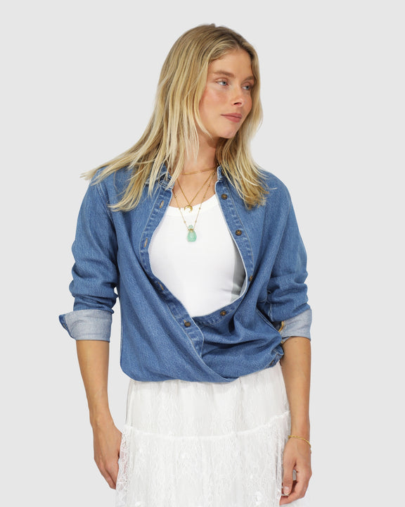Keep Me Wild Denim Top - Mid Blue