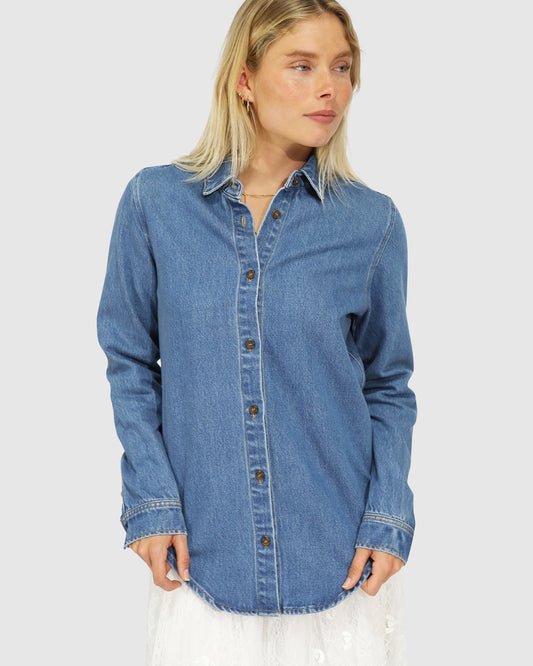 Keep Me Wild Denim Top - Mid Blue
