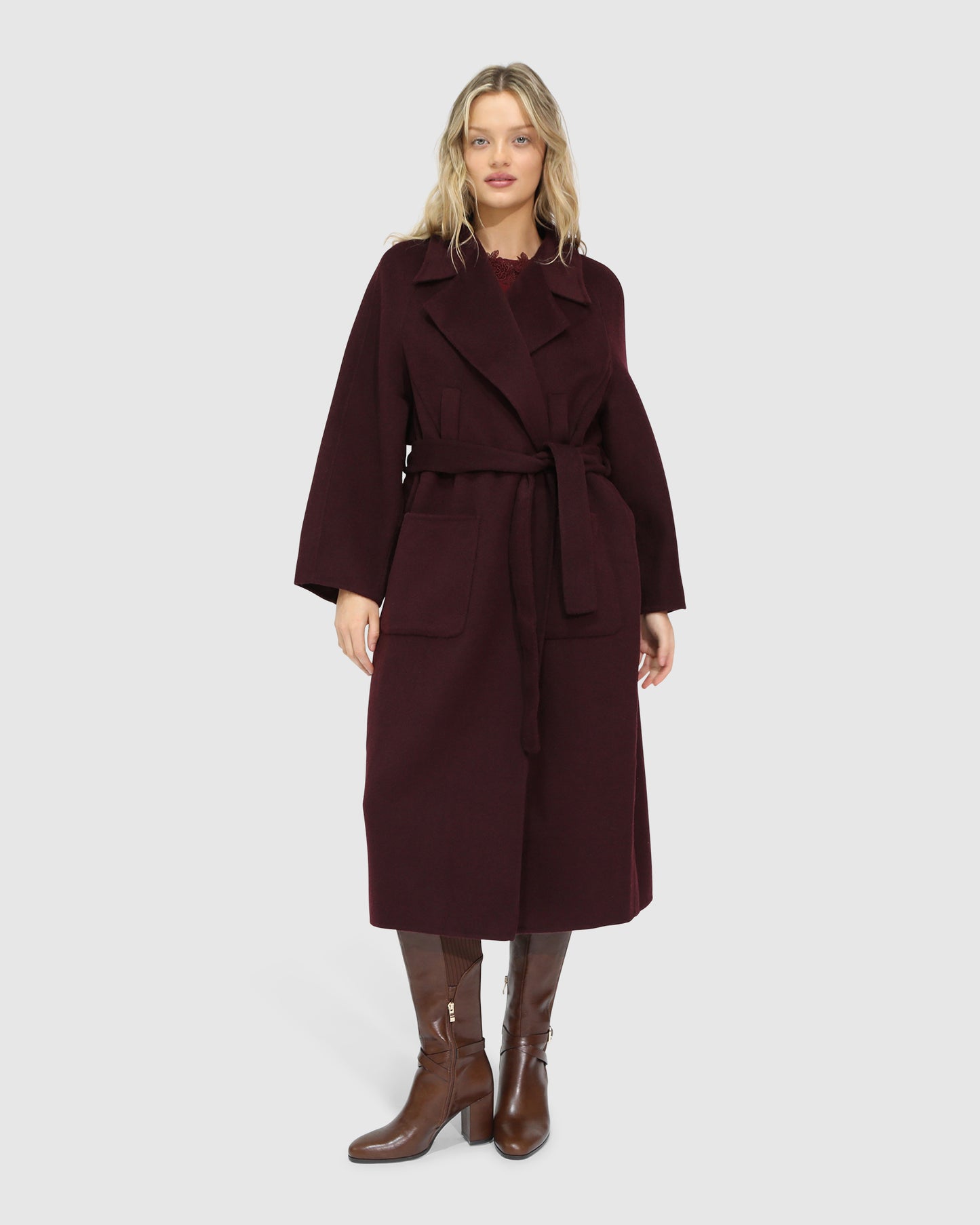 Big Girl Belted Wool Blend Coat - Burgundy