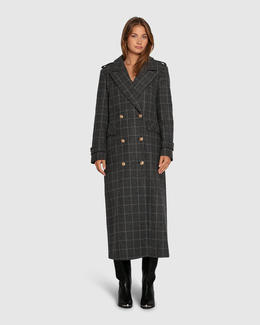 Command Wool Blend Double Breast Maxi Coat - Check