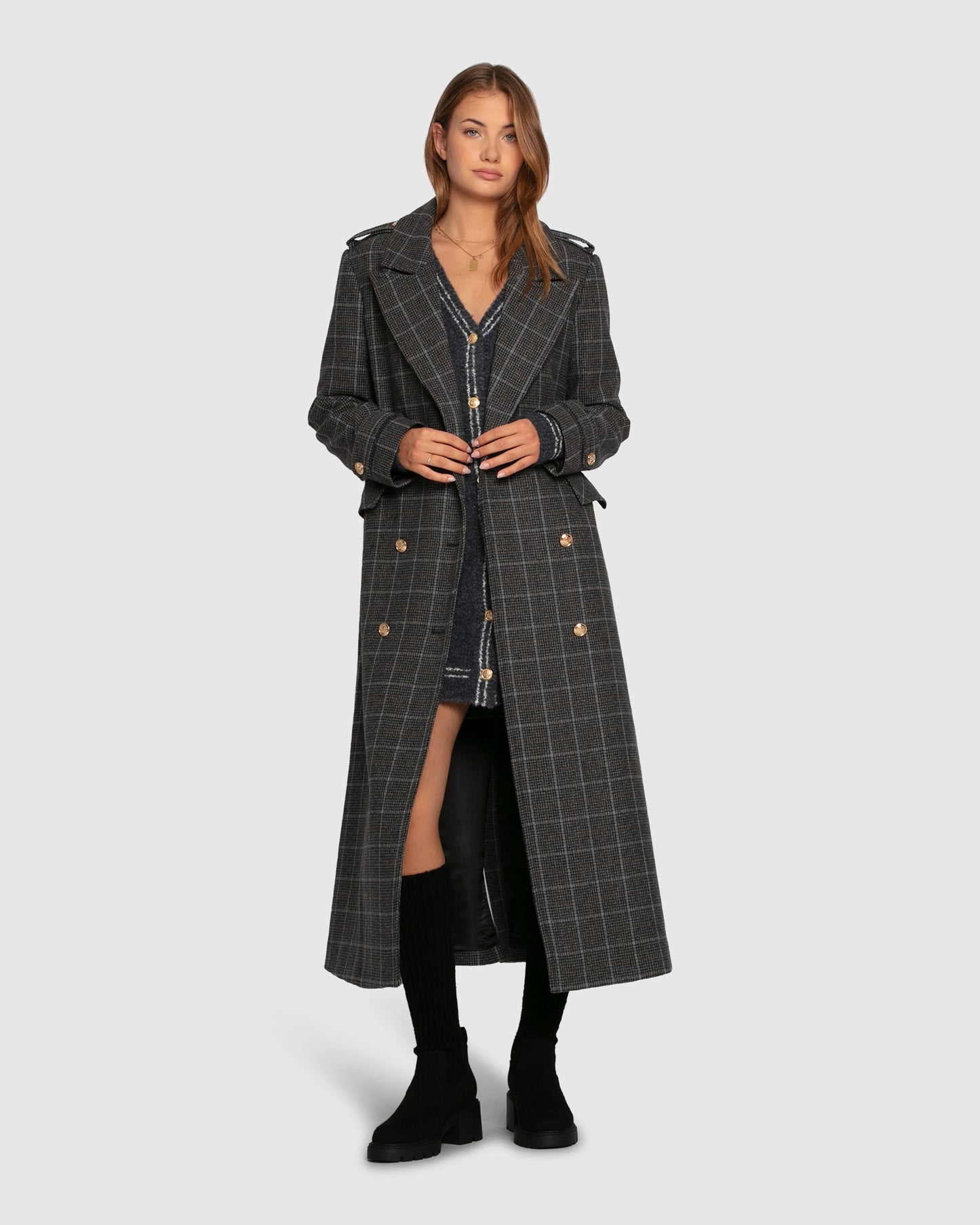 Command Wool Blend Double Breast Maxi Coat - Check