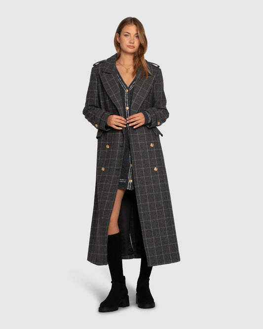 Command Wool Blend Double Breast Maxi Coat - Check
