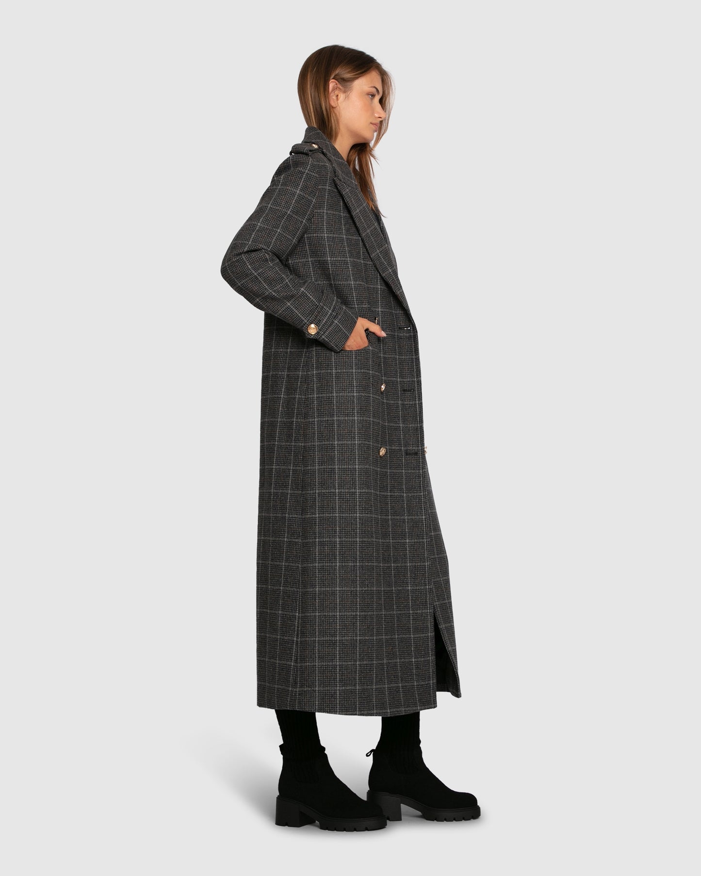 Command Wool Blend Double Breast Maxi Coat - Check