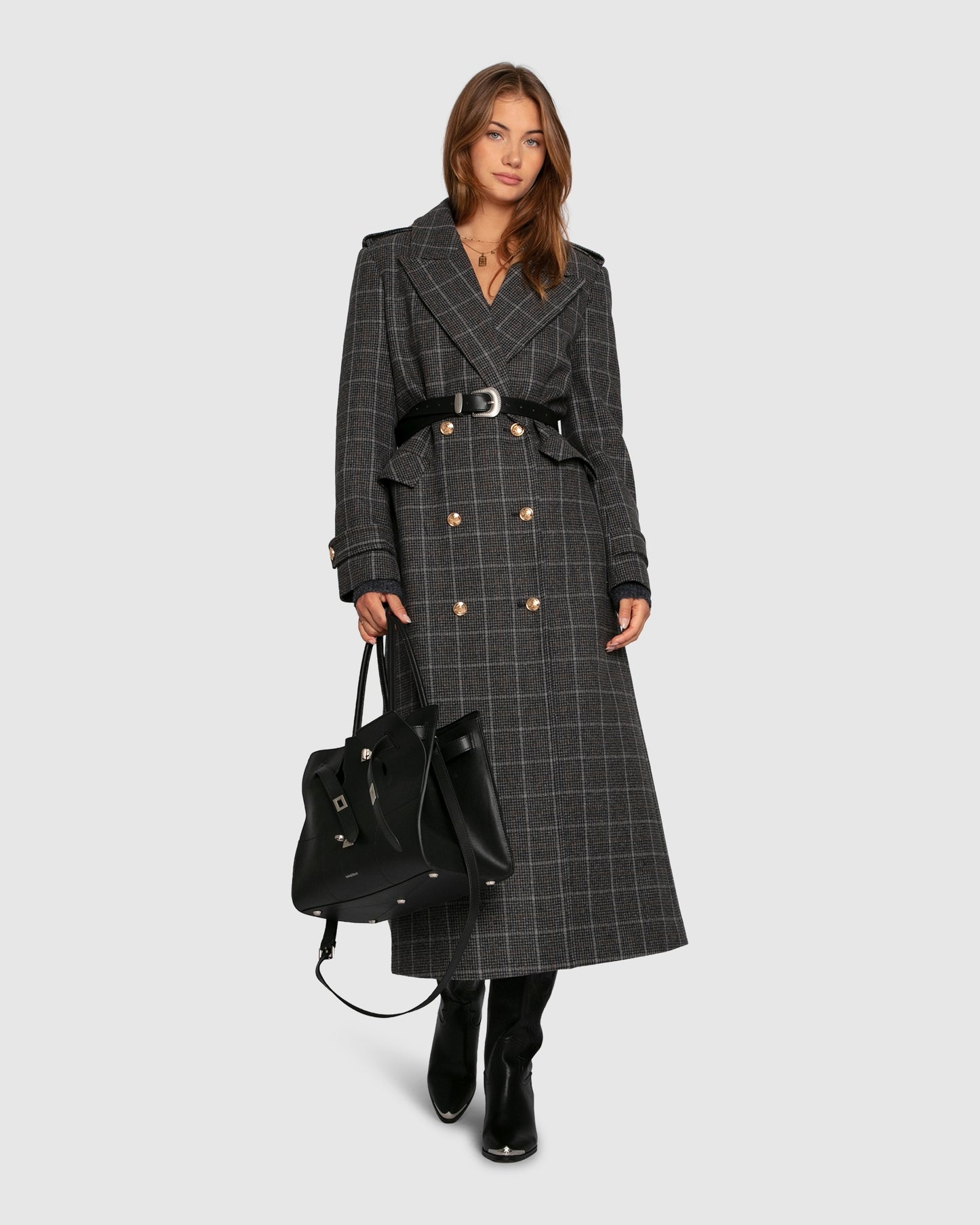 Command Wool Blend Double Breast Maxi Coat - Check