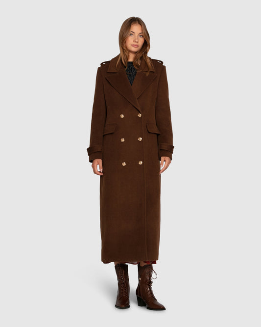 Command Wool Blend Double Breast Maxi Coat - Chocolate