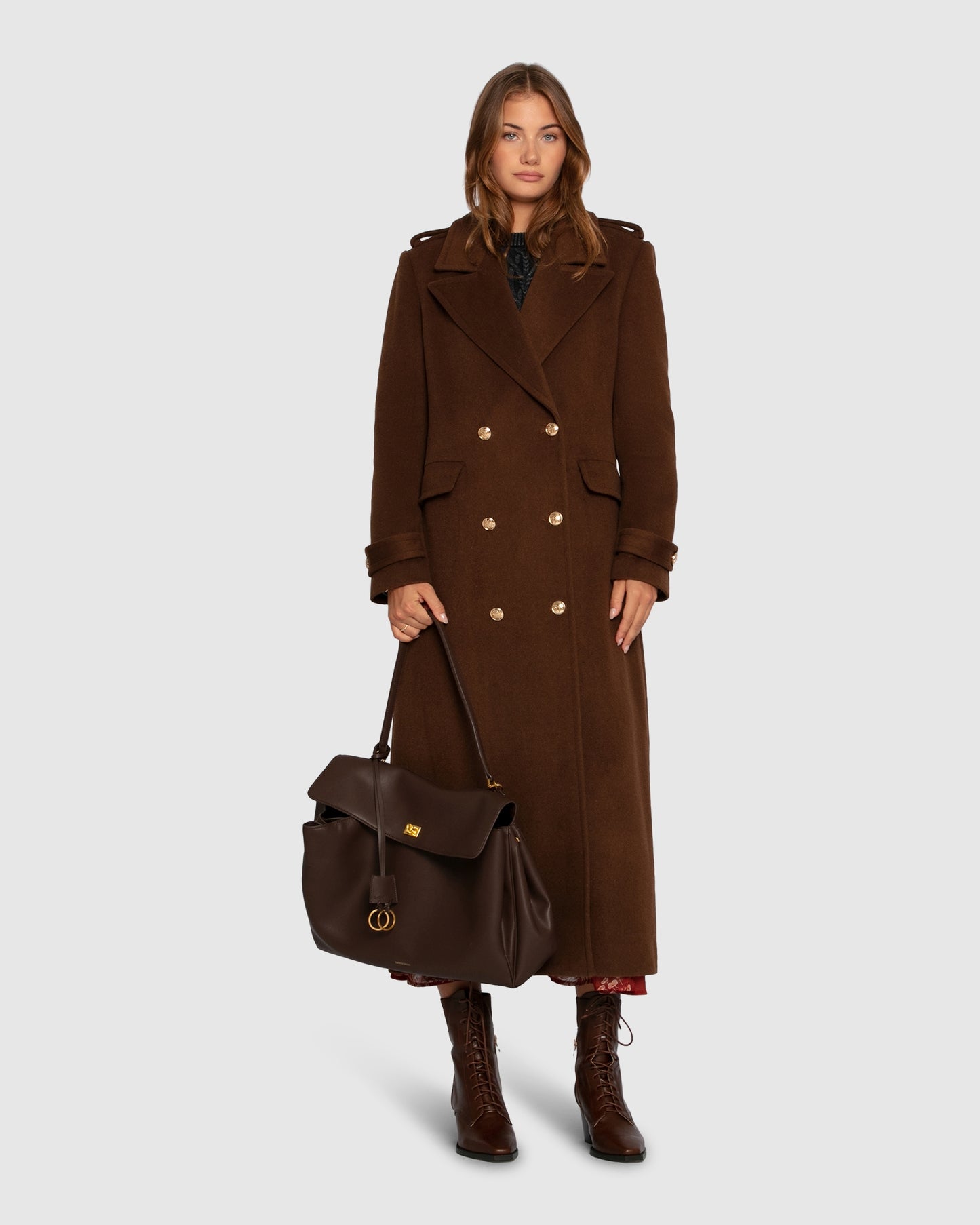 Command Wool Blend Double Breast Maxi Coat - Chocolate