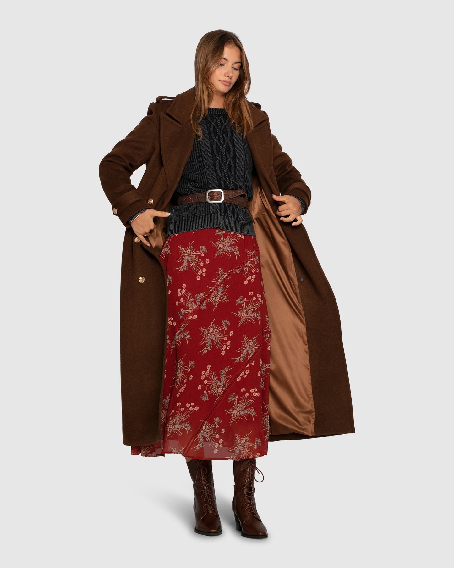 Command Wool Blend Double Breast Maxi Coat - Chocolate