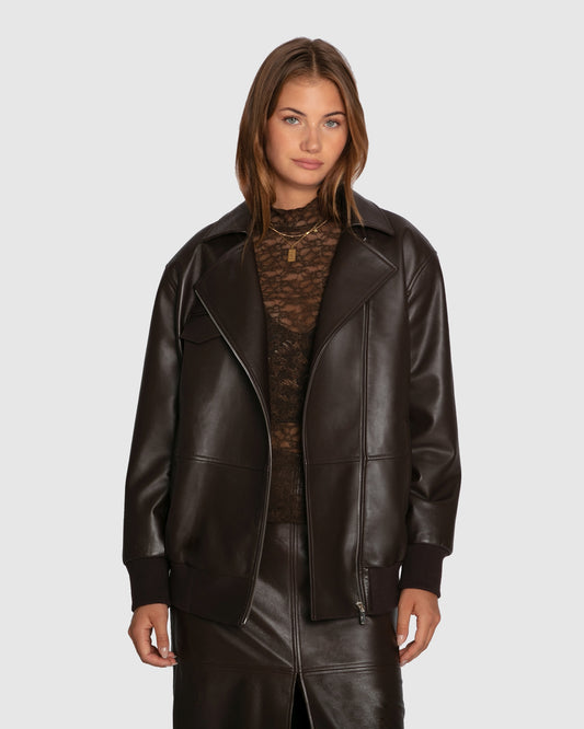 Desert Moon Leather Bomber Jacket - Chocolate