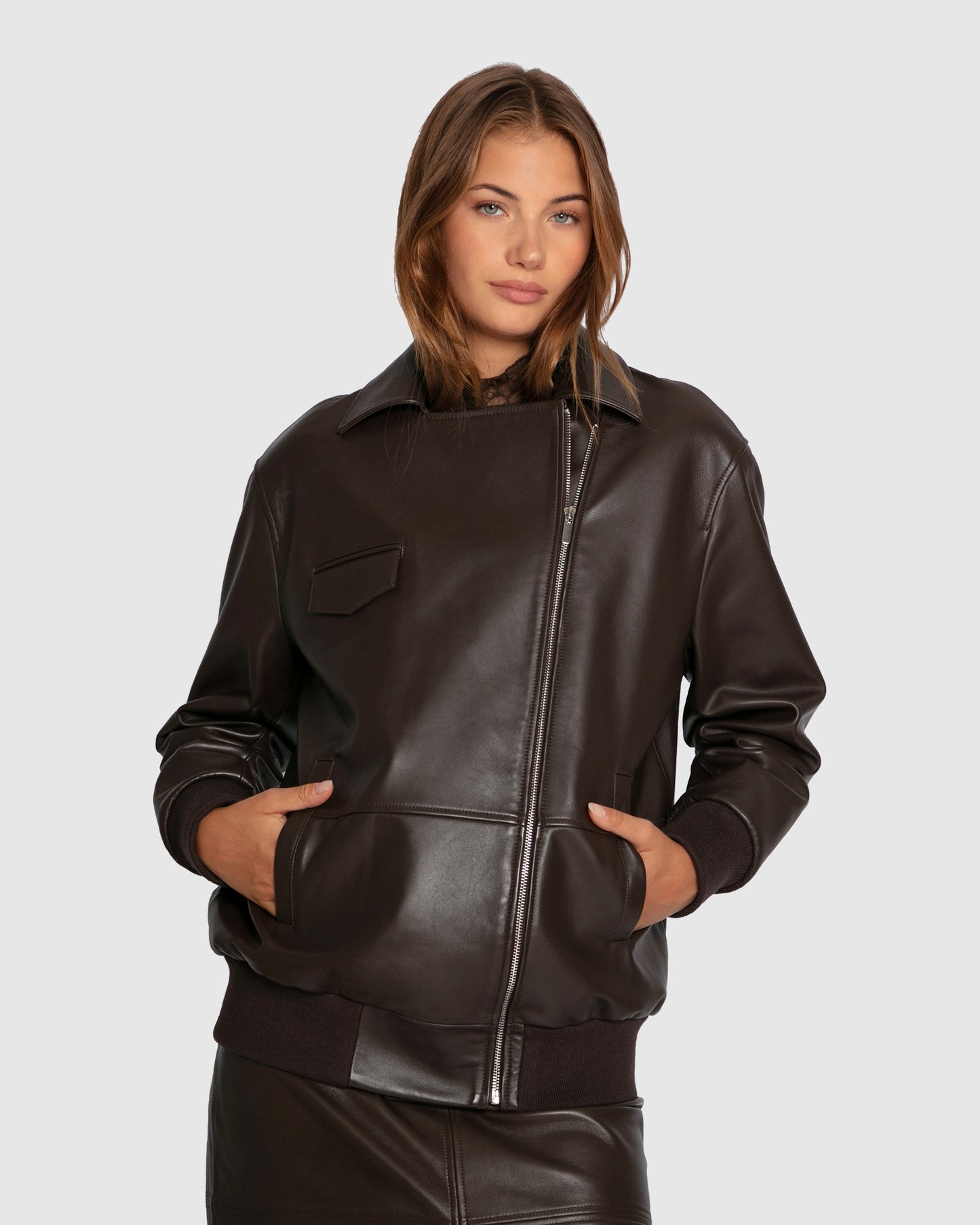 Desert Moon Leather Bomber Jacket - Chocolate
