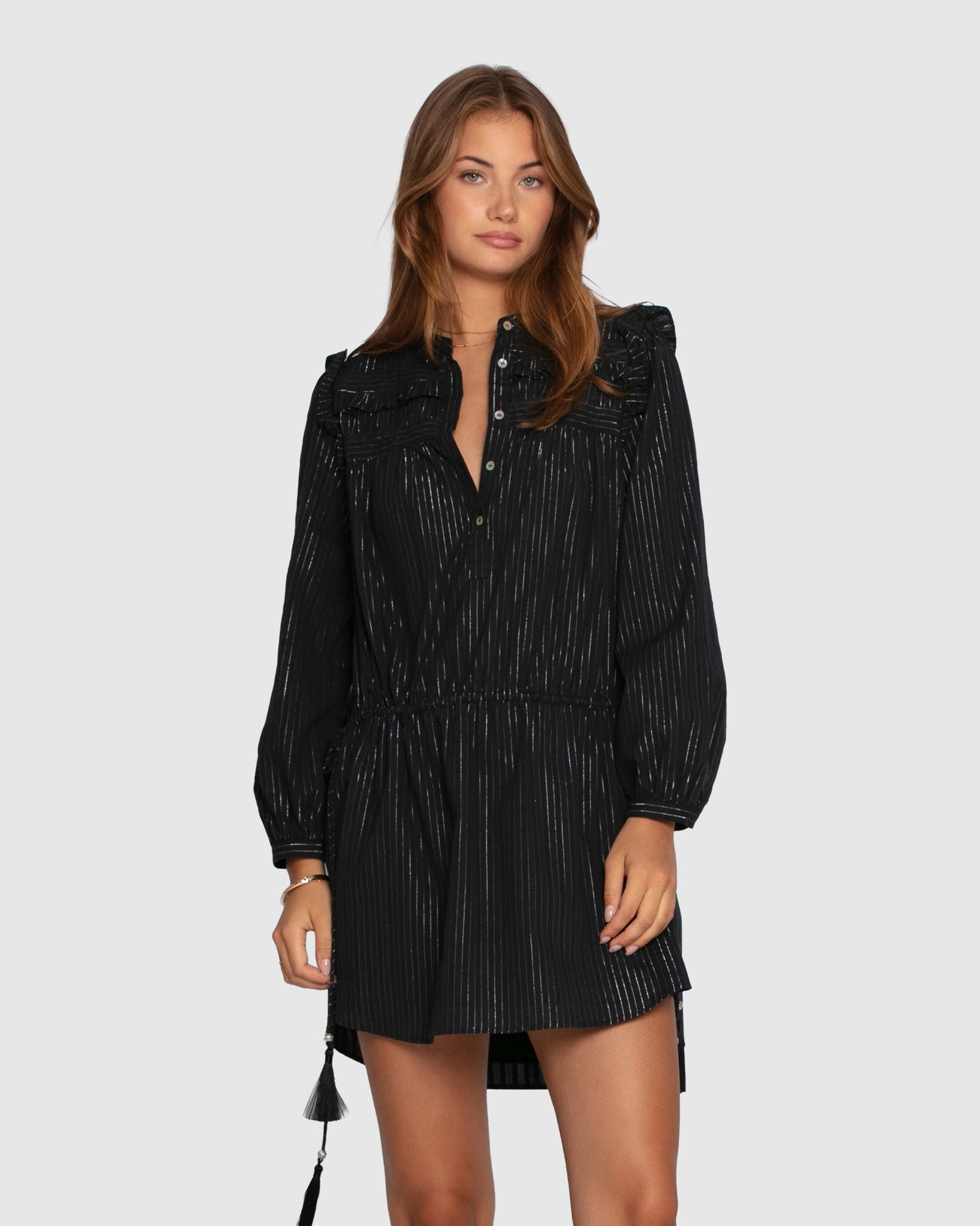 Women's mini dress with lurex stripe, adjustable side ties and relaxed fit in black
